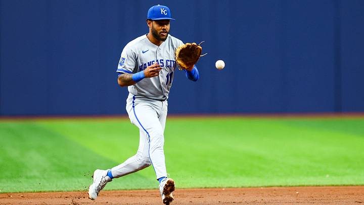 Jun 22, 2026; St. Petersburg, Florida, USA; Kansas City Royals shortstop Maikel Garcia (11) fields the ball for an out against the Tampa Bay Rays in the second inning at Tropicana Field. Mandatory Credit: Nathan Ray Seebeck-Imagn Images