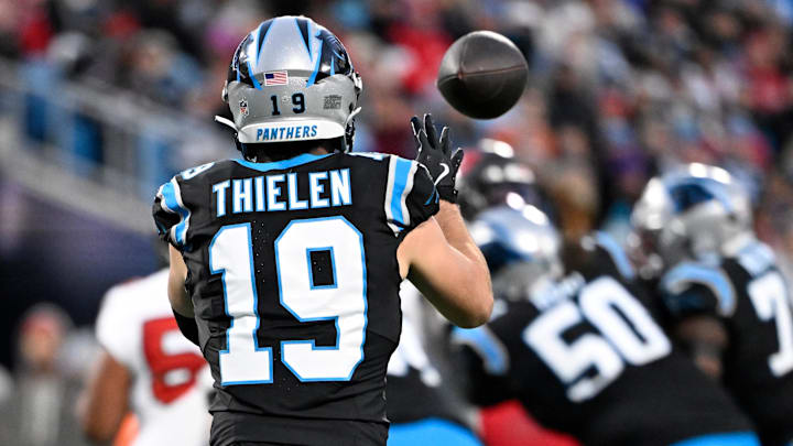 Dec 1, 2024; Charlotte, North Carolina, USA; Carolina Panthers wide receiver Adam Thielen (19) catches the ball in the second quarter at Bank of America Stadium. Mandatory Credit: Bob Donnan-Imagn Images Dec 1, 2024; Charlotte, North Carolina, USA; Carolina Panthers wide receiver Adam Thielen (19) catches the ball in the second quarter at Bank of America Stadium. Mandatory Credit: Bob Donnan-Imagn Images