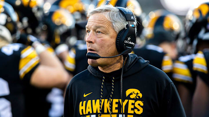 Iowa head coach Kirk Ferentz looks on during a NCAA Big Ten Conference football game against Nebraska, Friday, Nov. 25, 2022, at Kinnick Stadium in Iowa City, Iowa.