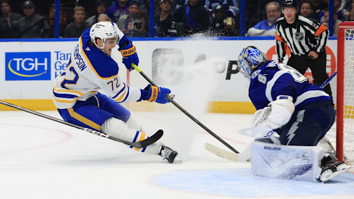Feb 3, 2026; Tampa, Florida, USA; Buffalo Sabres center Tage Thompson (72) shoots as Tampa Bay Lightning goaltender Andrei Vasilevskiy (88) makes a save during the overtime period at Benchmark International Arena. Mandatory Credit: Kim Klement Neitzel-Imagn Images Feb 3, 2026; Tampa, Florida, USA; Buffalo Sabres center Tage Thompson (72) shoots as Tampa Bay Lightning goaltender Andrei Vasilevskiy (88) makes a save during the overtime period at Benchmark International Arena. Mandatory Credit: Kim Klement Neitzel-Imagn Images