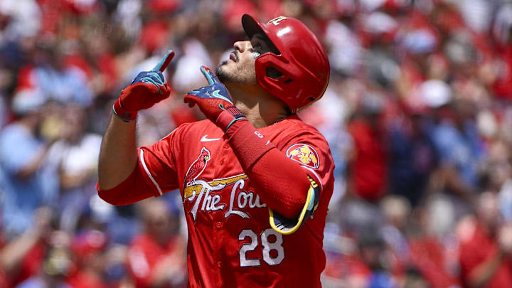 Jul 10, 2024; St. Louis, Missouri, USA;  St. Louis Cardinals third baseman Nolan Arenado (28) reacts after hitting a solo home run against the Kansas City Royals during the second inning at Busch Stadium. Mandatory Credit: Jeff Curry-Imagn Images