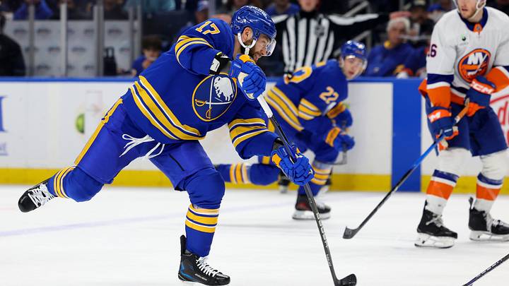 Mar 31, 2026; Buffalo, New York, USA; Buffalo Sabres left wing Jason Zucker (17) takes a shot on goal during the second period against the New York Islanders at KeyBank Center. Mandatory Credit: Timothy T. Ludwig-Imagn Images Mar 31, 2026; Buffalo, New York, USA; Buffalo Sabres left wing Jason Zucker (17) takes a shot on goal during the second period against the New York Islanders at KeyBank Center. Mandatory Credit: Timothy T. Ludwig-Imagn Images