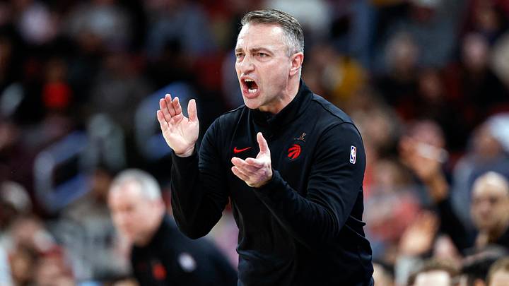 Feb 19, 2026; Chicago, Illinois, USA; Toronto Raptors head coach Darko Rajakovic reacts during the first half at United Center. Mandatory Credit: Kamil Krzaczynski-Imagn Images