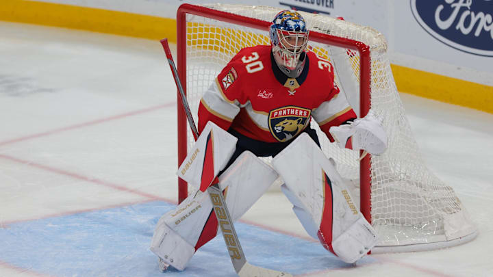 Jan 18, 2025; Sunrise, Florida, USA; Florida Panthers goaltender Spencer Knight (30) defends his net against the Anaheim Ducks during the third period at Amerant Bank Arena. Mandatory Credit: Sam Navarro-Imagn Images