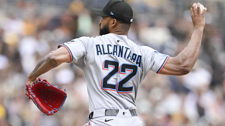 May 28, 2025; San Diego, California, USA; Miami Marlins starting pitcher Sandy Alcantara (22) delivers during the first inning against the San Diego Padres at Petco Park. Mandatory Credit: Denis Poroy-Imagn Images