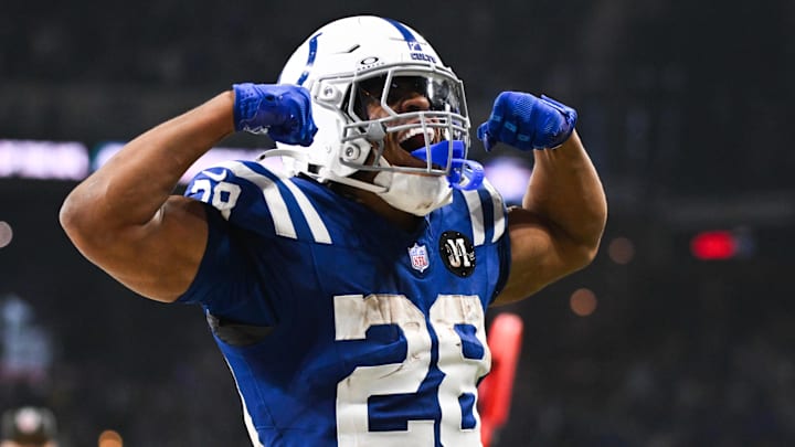 Oct 26, 2025; Indianapolis, Indiana, USA; Indianapolis Colts running back Jonathan Taylor (28) celebrates after scoring a touchdown during the third quarter against the Tennessee Titans at Lucas Oil Stadium. Mandatory Credit: Robert Goddin-Imagn Images