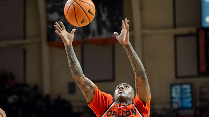 Oregon State guard Damarco Minor drags in a rebound as the Oregon State Beavers host the Oregon Ducks Thursday, Nov. 21, 2024 at Gill Coliseum in Corvallis, Ore. Oregon State guard Damarco Minor drags in a rebound as the Oregon State Beavers host the Oregon Ducks Thursday, Nov. 21, 2024 at Gill Coliseum in Corvallis, Ore.