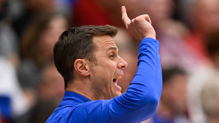 Jan 17, 2026; Stanford, California, USA; Duke Blue Devils head coach Jon Scheyer reacts against the Stanford Cardinal in the first half at Maples Pavilion. Mandatory Credit: Eakin Howard-Imagn Images