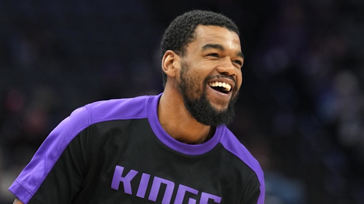 Dec 8, 2024; Sacramento, California, USA; Sacramento Kings guard Mason Jones (8) before the game against the Utah Jazz at Golden 1 Center. Mandatory Credit: Darren Yamashita-Imagn Images