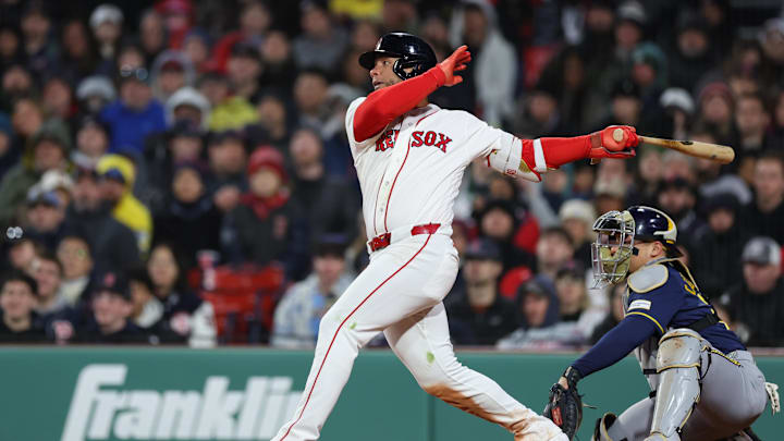 Apr 6, 2026; Boston, Massachusetts, USA; Boston Red Sox catcher Willson Contreras (40) hits an RBI double during the fourth inning against the Milwaukee Brewers at Fenway Park. Mandatory Credit: Paul Rutherford-Imagn Images Apr 6, 2026; Boston, Massachusetts, USA; Boston Red Sox catcher Willson Contreras (40) hits an RBI double during the fourth inning against the Milwaukee Brewers at Fenway Park. Mandatory Credit: Paul Rutherford-Imagn Images