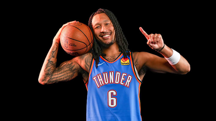 Oklahoma forward Jaylin Williams (6) poses for a photo shoot during Thunder media day at Paycom Center in Oklahoma City on Monday, Sept. 29, 2025. Oklahoma forward Jaylin Williams (6) poses for a photo shoot during Thunder media day at Paycom Center in Oklahoma City on Monday, Sept. 29, 2025.