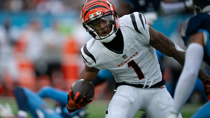 Cincinnati Bengals wide receiver Ja'Marr Chase (1) runs after a catch against the Tennessee Titans during their game at Nissan Stadium in Nashville, Tenn., Sunday, Dec. 15, 2024.