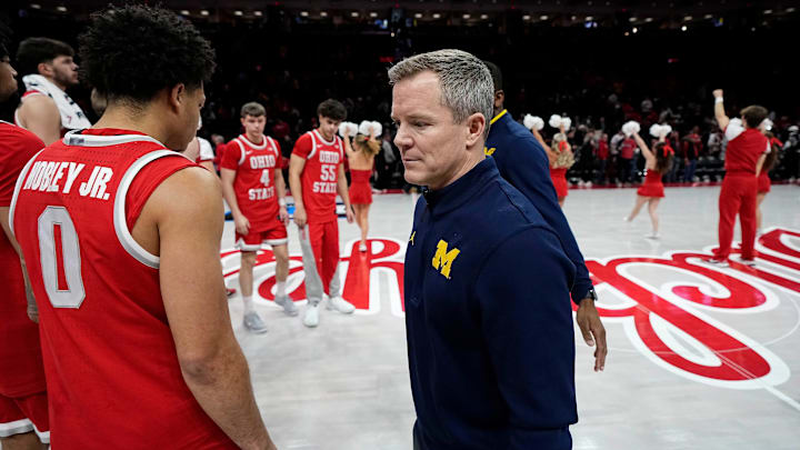 Michigan Wolverines head coach Dusty May leaves the court following the NCAA men's basketball game against the Ohio State Buckeyes at the Schottenstein Center in Columbus on Feb. 8, 2026. Ohio State lost 82-61.