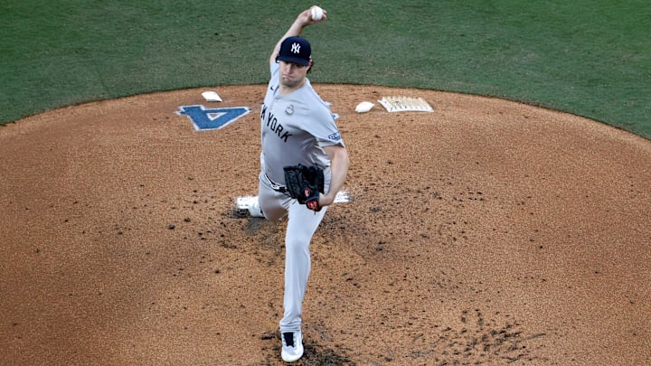 New York Yankees pitcher Gerrit Cole (45) pitches in the first inning against the Los Angeles Dodgers during game one of the 2024 MLB World Series at Dodger Stadium. 