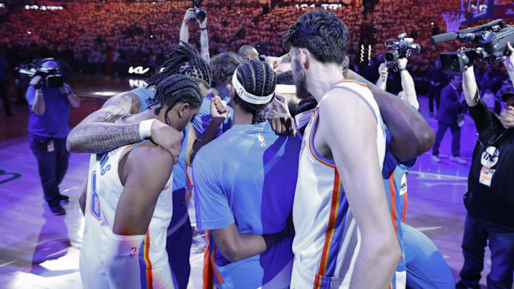 Apr 21, 2024; Oklahoma City, Oklahoma, USA; Oklahoma City Thunder huddles up before the start of