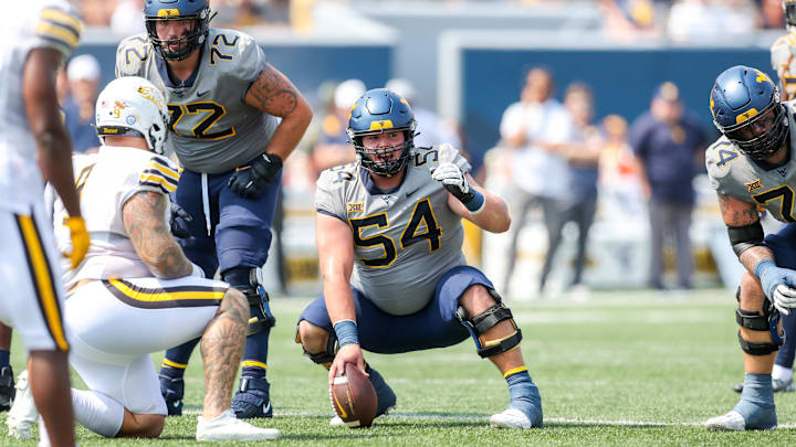 Sep 17, 2022; Morgantown, West Virginia, USA; West Virginia Mountaineers center Zach Frazier (54).