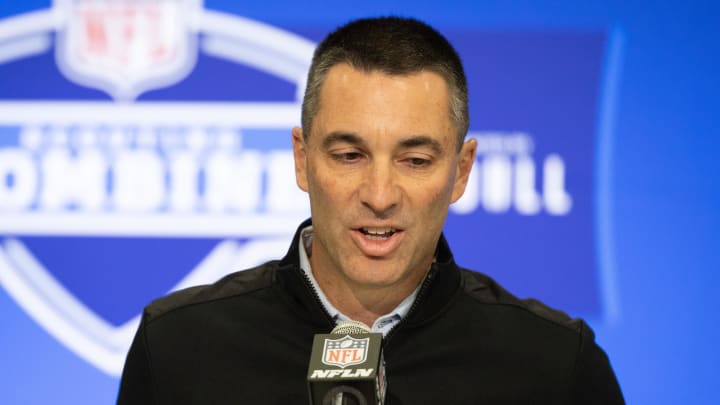 Feb 27, 2024; Indianapolis, IN, USA; Las Vegas Raiders general manager Tom Telesco talks to the media at the 2024 NFL Combine at Indiana Convention Center. Mandatory Credit: Trevor Ruszkowski-USA TODAY Sports
