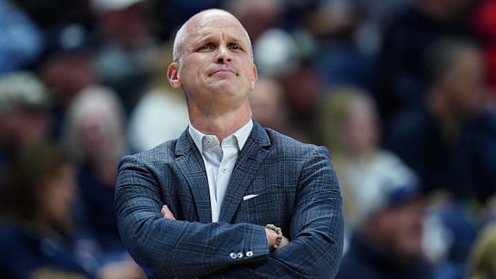Nov 3, 2025; Storrs, Connecticut, USA; UConn Huskies head coach Dan Hurley watches from the sideline as they take on the New Haven Chargers at Harry A. Gampel Pavilion. Mandatory Credit: David Butler II-Imagn Images