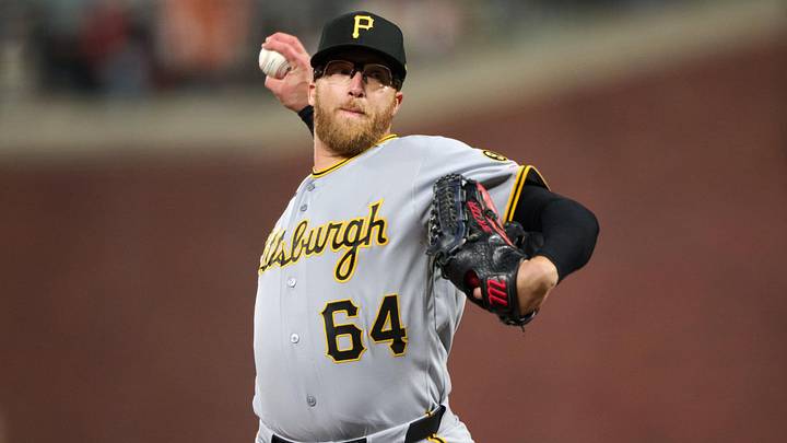 May 9, 2026; San Francisco, California, USA; Pittsburgh Pirates pitcher Cam Sanders (64) throws a pitch against the San Francisco Giants during the ninth inning at Oracle Park. Mandatory Credit: Robert Edwards-Imagn Images