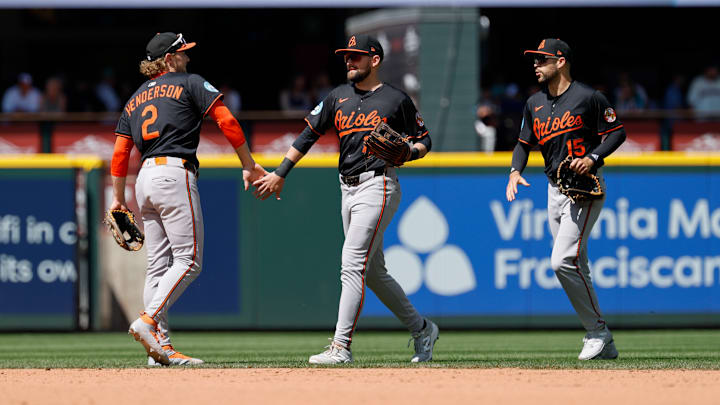 Dylan Carlson (middle) has raked lately for the Orioles, making some of Baltimore's future decisions tough.