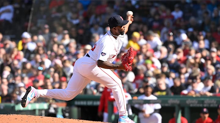 Apr 9, 2024; Boston, Massachusetts, USA; Boston Red Sox pitcher Joely Rodriguez (56) throws against the Baltimore Orioles during the sixth inning at Fenway Park. Mandatory Credit: Eric Canha-USA TODAY Sports