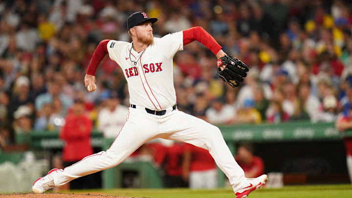 Aug 12, 2024; Boston, Massachusetts, USA; Boston Red Sox relief pitcher Zack Kelly (76) throws a pitch against the Texas Rangers in the seventh inning at Fenway Park. Mandatory Credit: David Butler II-Imagn Images