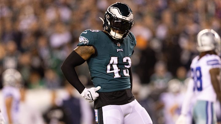 Oct 16, 2022; Philadelphia, Pennsylvania, USA; Philadelphia Eagles linebacker Kyzir White (43) reacts against the Dallas Cowboys at Lincoln Financial Field.