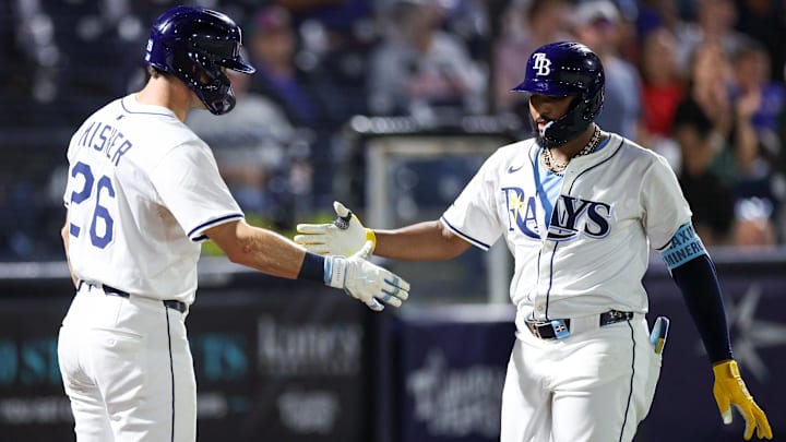 Tampa Bay Rays third baseman Junior Caminero (right) celebrates with center fielder Kameron Misner after hitting a home run. 