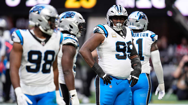Nov 16, 2025; Atlanta, Georgia, USA; Carolina Panthers defensive tackle Derrick Brown (95) looks on in the second half against the Atlanta Falcons at Mercedes-Benz Stadium. Mandatory Credit: Dale Zanine-Imagn Images Nov 16, 2025; Atlanta, Georgia, USA; Carolina Panthers defensive tackle Derrick Brown (95) looks on in the second half against the Atlanta Falcons at Mercedes-Benz Stadium. Mandatory Credit: Dale Zanine-Imagn Images