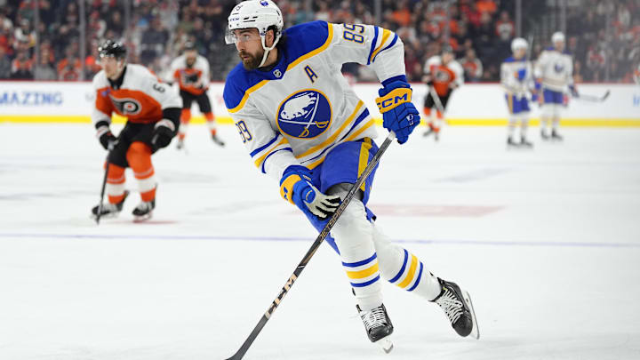 Mar 29, 2025; Philadelphia, Pennsylvania, USA; Buffalo Sabres right wing Alex Tuch (89) controls the puck against the Philadelphia Flyers in the first period at Wells Fargo Center. Mandatory Credit: Kyle Ross-Imagn Images