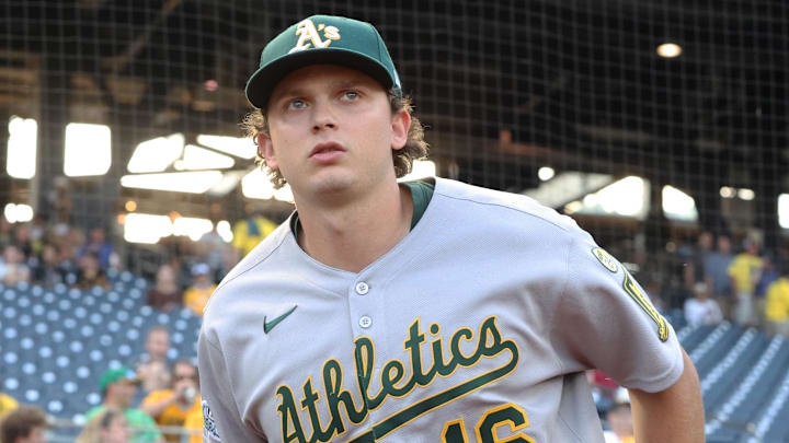 Sep 19, 2025; Pittsburgh, Pennsylvania, USA; Athletics first baseman Nick Kurtz (16) takes the field to warm up against the Pittsburgh Pirates at PNC Park. Mandatory Credit: Charles LeClaire-Imagn Images
