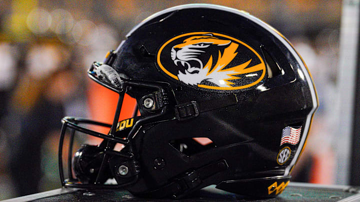 Aug 29, 2024; Columbia, Missouri, USA; A general view of a Missouri Tigers helmet during the first half of the game against the Murray State Racers at Faurot Field at Memorial Stadium. Mandatory Credit: Denny Medley-Imagn Images