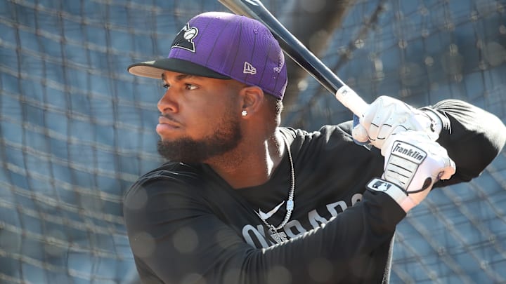 Colorado Rockies right fielder Yanquiel Fernandez (35) in the batting cage before the game against the Pittsburgh Pirates at PNC Park. 