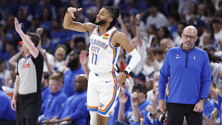 May 7, 2024; Oklahoma City, Oklahoma, USA; Oklahoma City Thunder guard Isaiah Joe (11) reacts after May 7, 2024; Oklahoma City, Oklahoma, USA; Oklahoma City Thunder guard Isaiah Joe (11) reacts after