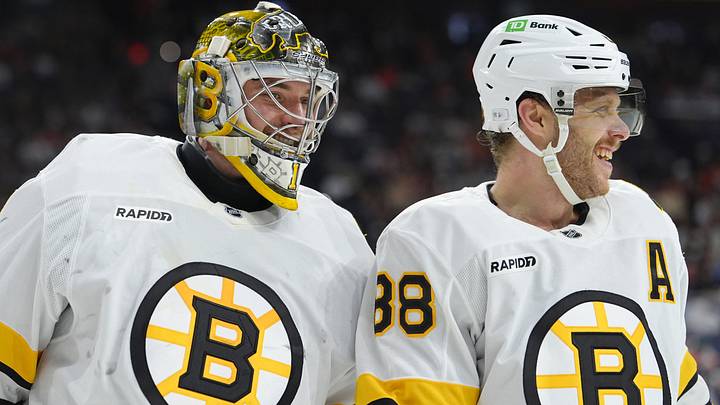 Feb 28, 2026; Philadelphia, Pennsylvania, USA; Boston Bruins goalie Jeremy Swayman (1) reacts with right wing David Pastrnak (88) against the Philadelphia Flyers in the second period at Xfinity Mobile Arena. Mandatory Credit: Kyle Ross-Imagn Images