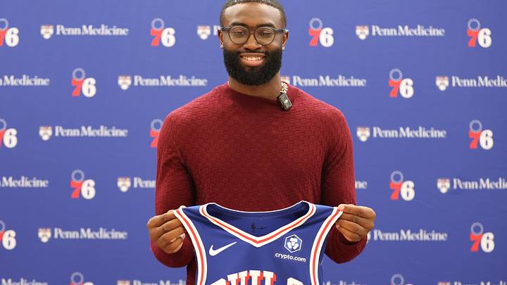 Aug 6, 2026; Camden, NJ, USA; Philadelphia 76ers guard Jaylen Brown poses for a photo during his introductory press conference at the Francis J. Myers Recreation Center. Mandatory Credit: Bill Streicher-Imagn Images Aug 6, 2026; Camden, NJ, USA; Philadelphia 76ers guard Jaylen Brown poses for a photo during his introductory press conference at the Francis J. Myers Recreation Center. Mandatory Credit: Bill Streicher-Imagn Images