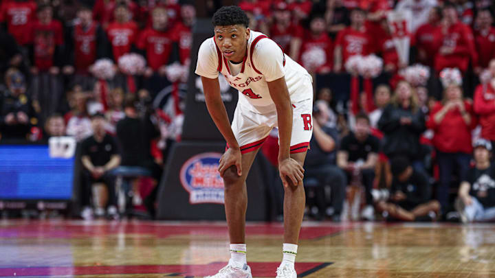 Mar 9, 2025; Piscataway, New Jersey, USA; Rutgers Scarlet Knights guard Ace Bailey (4) look up during overtime against the Minnesota Golden Gophers at Jersey Mike's Arena. Mandatory Credit: Vincent Carchietta-Imagn Images