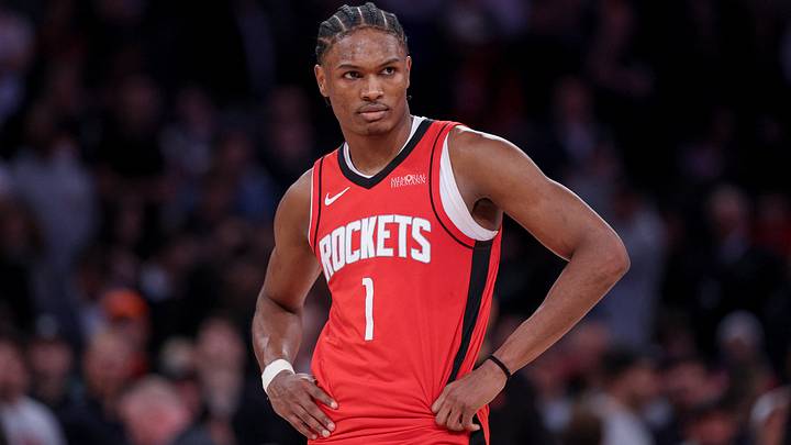 Feb 3, 2025; New York, New York, USA; Houston Rockets forward Amen Thompson (1) reacts during the second half against the New York Knicks at Madison Square Garden. Mandatory Credit: Vincent Carchietta-Imagn Images Feb 3, 2025; New York, New York, USA; Houston Rockets forward Amen Thompson (1) reacts during the second half against the New York Knicks at Madison Square Garden. Mandatory Credit: Vincent Carchietta-Imagn Images
