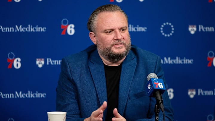 Dec 15, 2023; Philadelphia, Pennsylvania, USA; Philadelphia 76ers resident of Basketball Operations Daryl Morey speaks with the media before a game against the Detroit Pistons at Wells Fargo Center. Mandatory Credit: Bill Streicher-Imagn Images Dec 15, 2023; Philadelphia, Pennsylvania, USA; Philadelphia 76ers resident of Basketball Operations Daryl Morey speaks with the media before a game against the Detroit Pistons at Wells Fargo Center. Mandatory Credit: Bill Streicher-Imagn Images