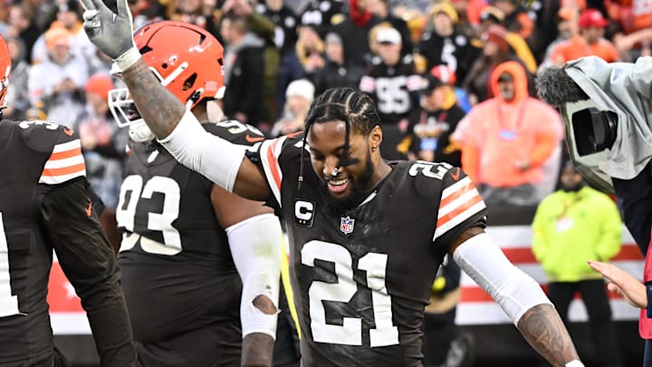 Dec 28, 2025; Cleveland, Ohio, USA;  Cleveland Browns cornerback Denzel Ward (21) celebrates after the game against the Pittsburgh Steelers at Huntington Bank Field. Mandatory Credit: Ken Blaze-Imagn Images
