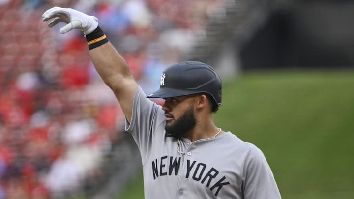 Aug 16, 2025; St. Louis, Missouri, USA;  New York Yankees left fielder Jasson Dominguez (24) reacts after hitting a one run single against the St. Louis Cardinals during the first inning at Busch Stadium. Mandatory Credit: Jeff Curry-Imagn Images