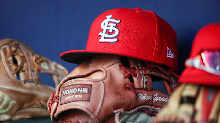 Sep 5, 2023; Atlanta, Georgia, USA; A detailed view of the hat and glove of St. Louis Cardinals second baseman Nolan Gorman (not pictured) before a game against the Atlanta Braves at Truist Park. Mandatory Credit: Brett Davis-Imagn Images Sep 5, 2023; Atlanta, Georgia, USA; A detailed view of the hat and glove of St. Louis Cardinals second baseman Nolan Gorman (not pictured) before a game against the Atlanta Braves at Truist Park. Mandatory Credit: Brett Davis-Imagn Images