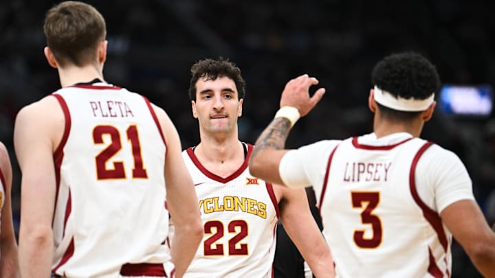 Mar 22, 2026; St. Louis, MO, USA; Iowa State Cyclones forward Milan Momcilovic (22) celebrates with Iowa State Cyclones guard Tamin Lipsey (3) after a play during the second half against the Kentucky Wildcats during a second round game of the men's 2026 NCAA Tournament at Enterprise Center.