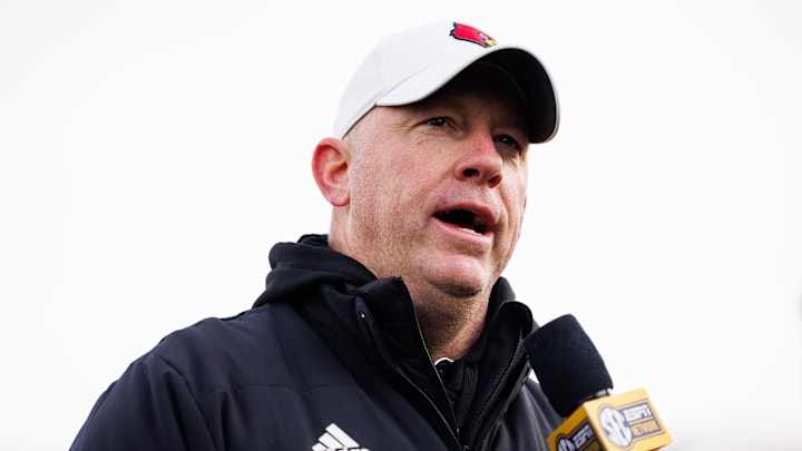 Nov 30, 2024; Lexington, Kentucky, USA; Louisville Cardinals head coach Jeff Brohm is interviewed after the game against the Kentucky Wildcats at Kroger Field. Nov 30, 2024; Lexington, Kentucky, USA; Louisville Cardinals head coach Jeff Brohm is interviewed after the game against the Kentucky Wildcats at Kroger Field.