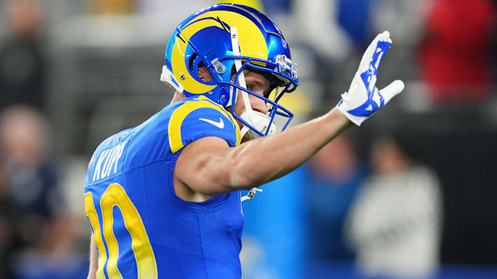 Jan 13, 2025; Glendale, AZ, USA; Los Angeles Rams wide receiver Cooper Kupp (10) practices before the NFC wild card game against the Minnesota Vikings at State Farm Stadium. Mandatory Credit: Joe Camporeale-Imagn Images