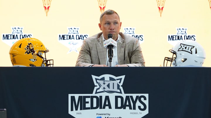 Jul 8, 2025; Frisco, TX, USA; Arizona State head coach Kenny Dillingham addresses the media during 2025 Big 12 Football Media Days at The Star. Mandatory Credit: Raymond Carlin III-Imagn Images Jul 8, 2025; Frisco, TX, USA; Arizona State head coach Kenny Dillingham addresses the media during 2025 Big 12 Football Media Days at The Star. Mandatory Credit: Raymond Carlin III-Imagn Images