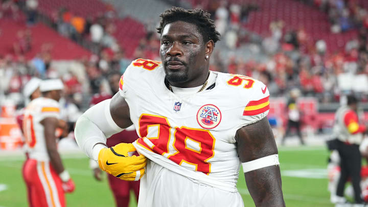 Aug 9, 2025; Glendale, Arizona, USA; Kansas City Chiefs defensive end Janarius Robinson (98) after the game against the Arizona Cardinals at State Farm Stadium. Mandatory Credit: Joe Camporeale-Imagn Images