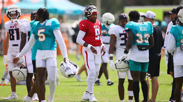 Atlanta Falcons quarterback Michael Penix Jr. (9) looks on during a joint practice with the Miami Dolphins at Baptist Health Training Complex last summer. Atlanta Falcons quarterback Michael Penix Jr. (9) looks on during a joint practice with the Miami Dolphins at Baptist Health Training Complex last summer.