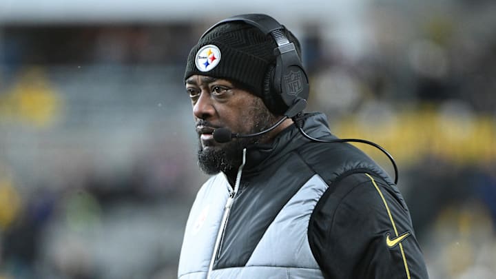 Jan 4, 2025; Pittsburgh, Pennsylvania, USA; Pittsburgh Steelers head coach Mike Tomlin looks on during the second quarter against the Cincinnati Bengals at Acrisure Stadium. Mandatory Credit: Barry Reeger-Imagn Images