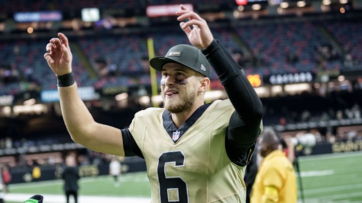Dec 21, 2025; New Orleans, Louisiana, USA; New Orleans Saints quarterback Tyler Shough (6) smiles as he leaves the field after a game against the New York Jets at Caesars Superdome. Mandatory Credit: Matthew Hinton-Imagn Images